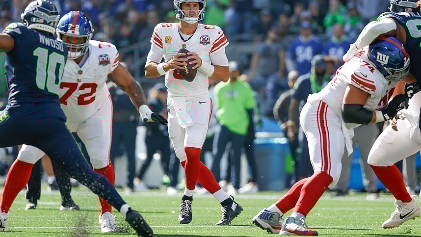 Oct 6, 2024; Seattle, Washington, USA; New York Giants quarterback Daniel Jones (8) looks to pass against the Seattle Seahawks during the first quarter at Lumen Field. Mandatory Credit: Joe Nicholson-Imagn Images