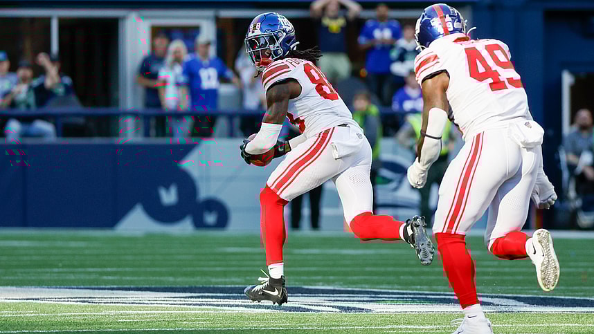 Oct 6, 2024; Seattle, Washington, USA; New York Giants wide receiver Bryce Ford-Wheaton (88) returns a blocked field goal for a touchdown against the Seattle Seahawks during the fourth quarter at Lumen Field. Mandatory Credit: Joe Nicholson-Imagn Images