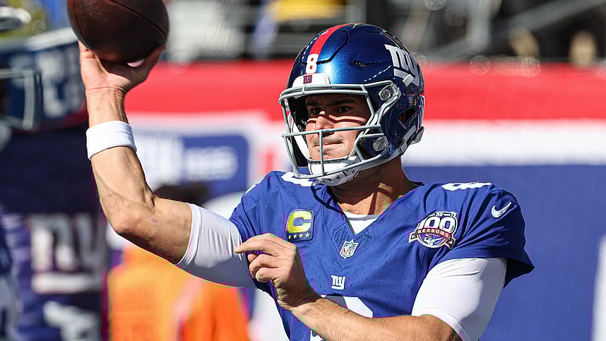 Oct 20, 2024; East Rutherford, New Jersey, USA; New York Giants quarterback Daniel Jones (8) warms up before the game against the Philadelphia Eagles at MetLife Stadium. Mandatory Credit: Vincent Carchietta-Imagn Images