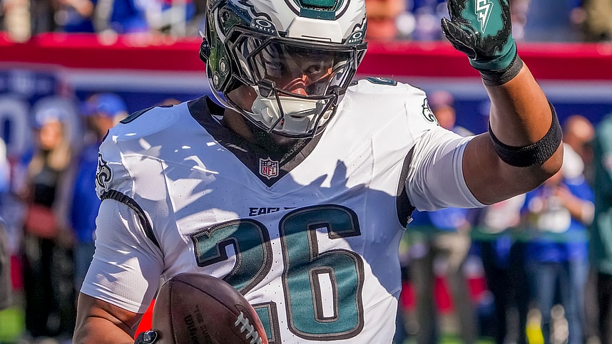 Oct 20, 2024; East Rutherford, New Jersey, USA; Philadelphia Eagles running back (and former NY Giants back) Saquon Barkley (26) greets fans at MetLife Stadium. Mandatory Credit: Robert Deutsch-Imagn Images