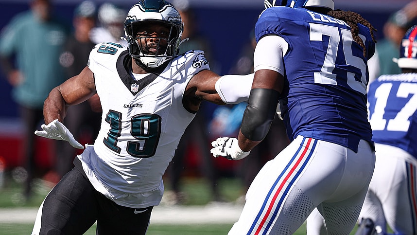 Oct 20, 2024; East Rutherford, New Jersey, USA; Philadelphia Eagles linebacker Josh Sweat (19) pass rushes against the New York Giants New York Giants guard Joshua Ezeudu (75) during the first half at MetLife Stadium. Mandatory Credit: Vincent Carchietta-Imagn Images