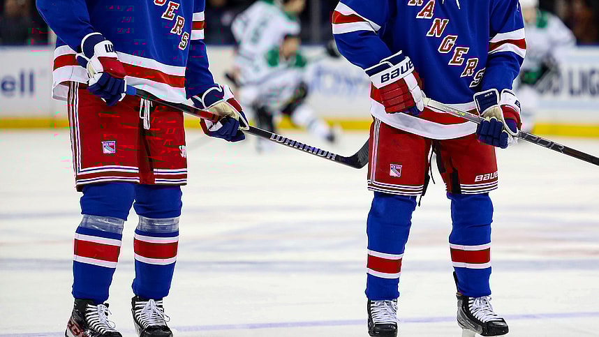 Jan 12, 2023; New York, New York, USA; New York Rangers defenseman K'Andre Miller (79) and New York Rangers defenseman Ryan Lindgren (55) during warmups before a game against the Dallas Stars at Madison Square Garden. Mandatory Credit: Danny Wild-Imagn Images