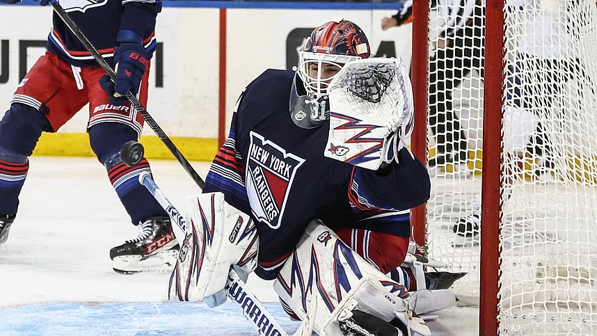 Oct 24, 2024; New York, New York, USA; New York Rangers goaltender Igor Shesterkin (31) makes a save on a shot on goal attempt in the third period against the Florida Panthers at Madison Square Garden. Mandatory Credit: Wendell Cruz-Imagn Images
