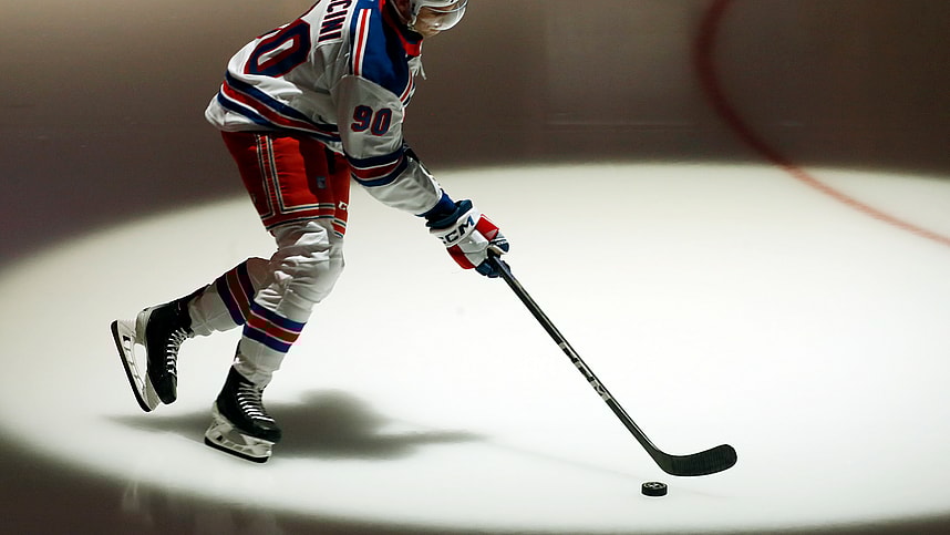 Oct 9, 2024; Pittsburgh, Pennsylvania, USA;  New York Rangers defenseman Victor Mancini (90) takes his rookie lap before making his NHL debut against the Pittsburgh Penguins at PPG Paints Arena. Mandatory Credit: Charles LeClaire-Imagn Images