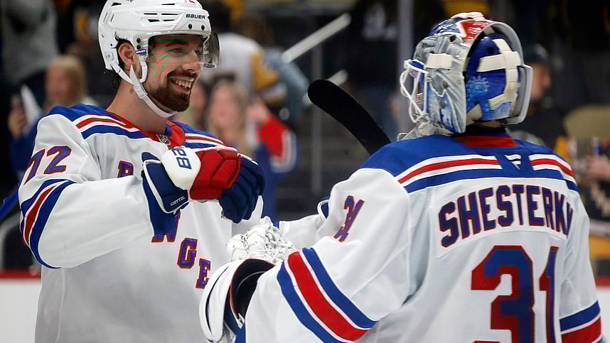 Oct 9, 2024; Pittsburgh, Pennsylvania, USA; New York Rangers center Filip Chytil (72) and goaltender Igor Shesterkin (31) celebrate after defeating the Pittsburgh Penguins at PPG Paints Arena. Mandatory Credit: Charles LeClaire-Imagn Images