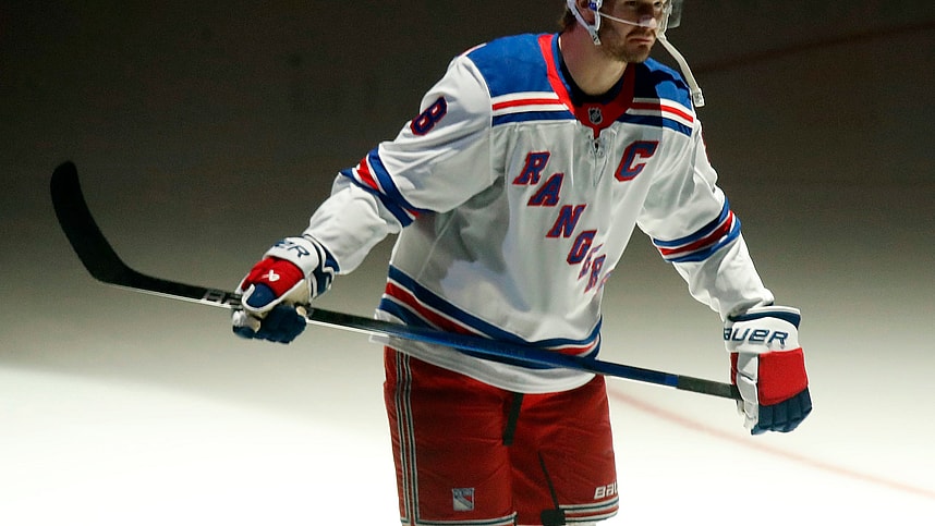 Oct 9, 2024; Pittsburgh, Pennsylvania, USA; New York Rangers defenseman Jacob Trouba (8) takes the ice against the Pittsburgh Penguins during the first period at PPG Paints Arena. Mandatory Credit: Charles LeClaire-Imagn Images