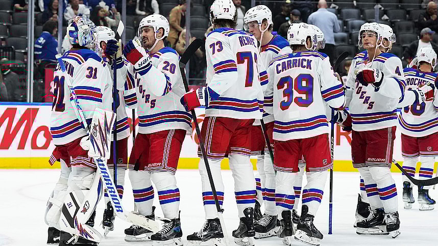 Oct 19, 2024; Toronto, Ontario, CAN; New York Rangers goaltender Igor Shesterkin (31) celebrates with left wing Chris Kreider (20) after defeating the Toronto Maple Leafs at Scotiabank Arena. Mandatory Credit: Nick Turchiaro-Imagn Images