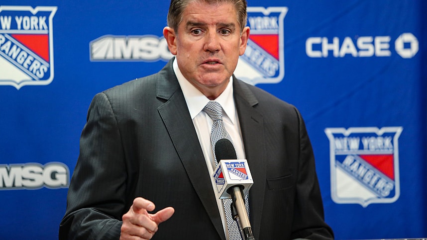 Sep 24, 2024; New York, New York, USA; New York Rangers head coach Peter Laviolette speaks to reporters after a 6-4 win against the New York Islanders in the preseason home opener at Madison Square Garden. Mandatory Credit: Danny Wild-Imagn Images