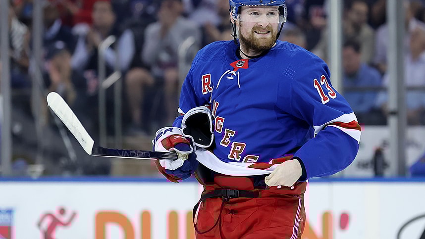 May 22, 2024; New York, New York, USA; New York Rangers left wing Alexis Lafreniere (13) skates against the Florida Panthers during the first period of game one of the Eastern Conference Final of the 2024 Stanley Cup Playoffs at Madison Square Garden. Mandatory Credit: Brad Penner-Imagn Images