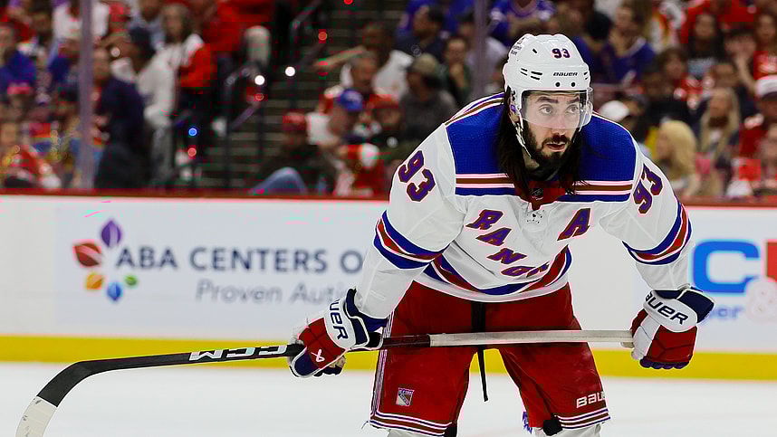 May 26, 2024; Sunrise, Florida, USA; New York Rangers center Mika Zibanejad (93) looks on against the Florida Panthers during the second period in game three of the Eastern Conference Final of the 2024 Stanley Cup Playoffs at Amerant Bank Arena. Mandatory Credit: Sam Navarro-Imagn Images