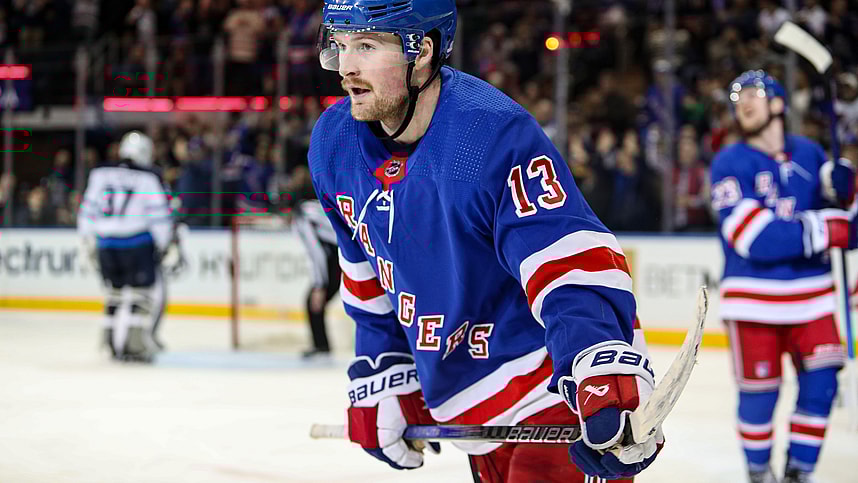 Mar 19, 2024; New York, New York, USA; New York Rangers forward Alexis Lafreniere (13) celebrates his goal during the third period against the Winnipeg Jets at Madison Square Garden. Mandatory Credit: Danny Wild-Imagn Images