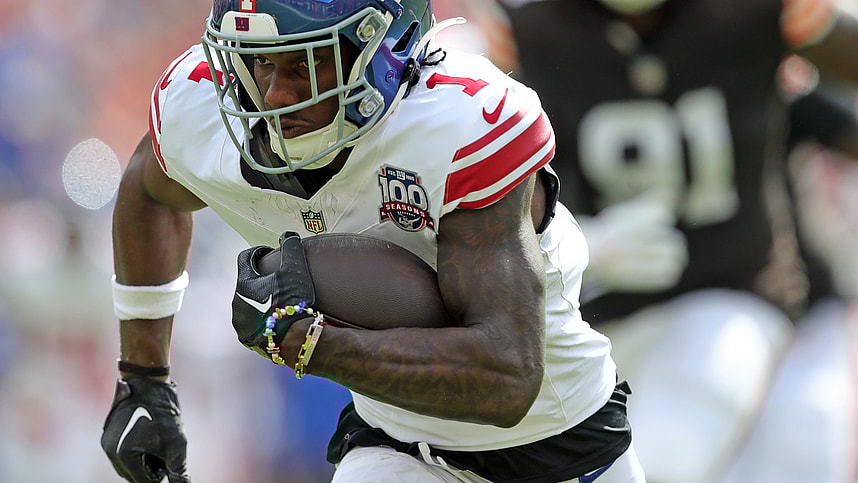 New York Giants wide receiver Malik Nabers (1) runs for yards after a catch during the first half of an NFL football game at Huntington Bank Field, Sunday, Sept. 22, 2024, in Cleveland, Ohio.