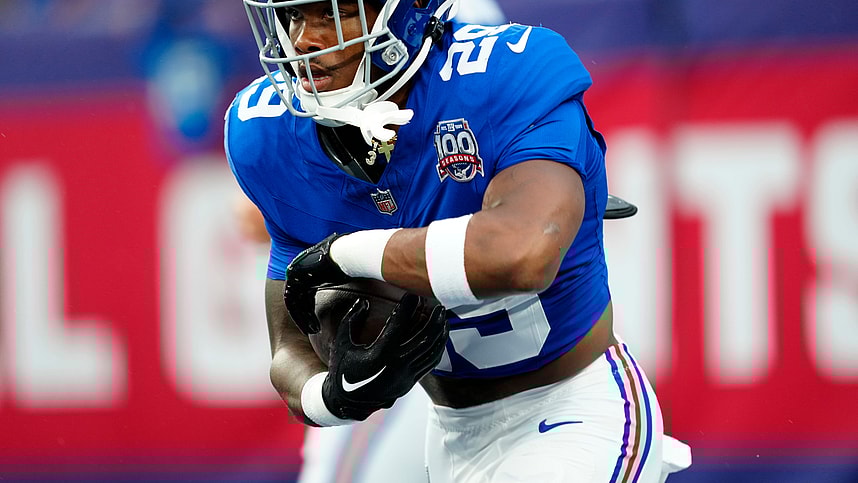 New York Giants running back Tyrone Tracy Jr. (29) is shown just before the first preseason game of the season, Thursday, August 8 2024, in East Rutherford.