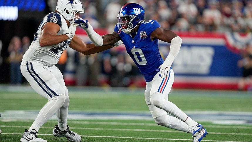Sep 26, 2024; East Rutherford, NJ, US; New York Giants linebacker Brian Burns (0) rushes Dallas Cowboys offensive tackle Terence Steele (78) off the line of scrimmage at MetLife Stadium. Mandatory Credit: Julian Guadalupe-NorthJersey.com