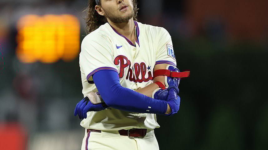 Oct 5, 2024; Philadelphia, PA, USA; Philadelphia Phillies third baseman Alec Bohm (28) reacts after the final out in the eighth inning against the New York Mets in game one of the NLDS for the 2024 MLB Playoffs at Citizens Bank Park. Mandatory Credit: Bill Streicher-Imagn Images
