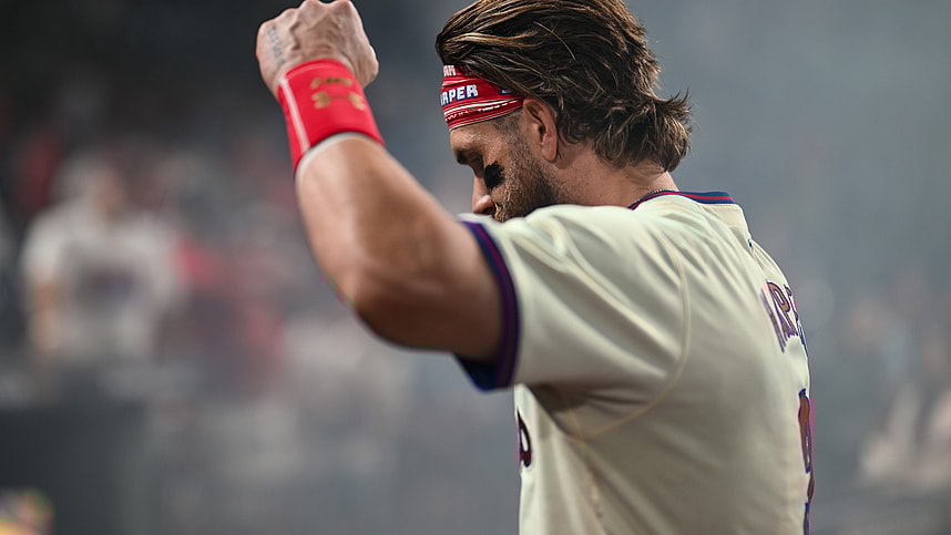 Oct 6, 2024; Philadelphia, Pennsylvania, USA; Philadelphia Phillies first baseman Bryce Harper (3) reacts after game two of the NLDS against the New York Mets for the 2024 MLB Playoffs at Citizens Bank Park. Mandatory Credit: Kyle Ross-Imagn Images