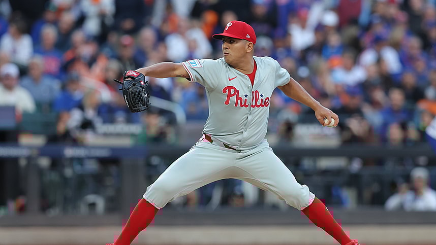 Oct 9, 2024; New York, New York, USA; Philadelphia Phillies pitcher Ranger Suarez (55) throws a pitch against the New York Mets in the first inning in game four of the NLDS for the 2024 MLB Playoffs at Citi Field. Mandatory Credit: Brad Penner-Imagn Images