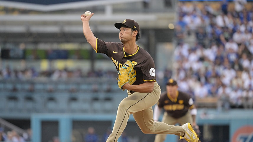 Oct 11, 2024; Los Angeles, California, USA; San Diego Padres pitcher Yu Darvish (11) pitches in the second inning against the Los Angeles Dodgers during game five of the NLDS for the 2024 MLB Playoffs at Dodger Stadium. Mandatory Credit: Jayne Kamin-Oncea-Imagn Images