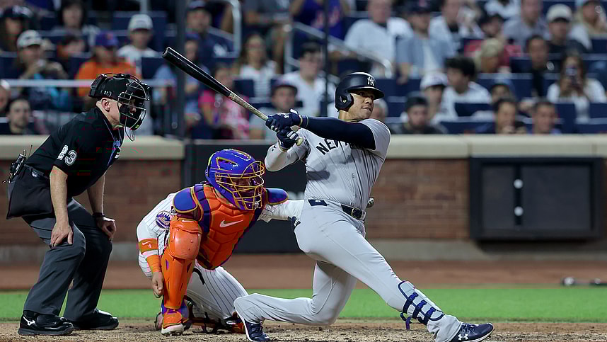 Jun 25, 2024; New York City, New York, USA; New York Yankees right fielder Juan Soto (22) follows through on a solo home run against the New York Mets during the fifth inning at Citi Field. Mandatory Credit: Brad Penner-Imagn Images