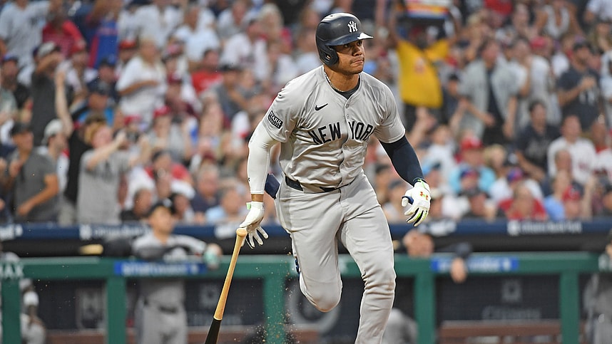 Jul 29, 2024; Philadelphia, Pennsylvania, USA; New York Yankees outfielder Juan Soto (22) hits a two RBI double against the Philadelphia Phillies during the fifth inning at Citizens Bank Park. Mandatory Credit: Eric Hartline-Imagn Images