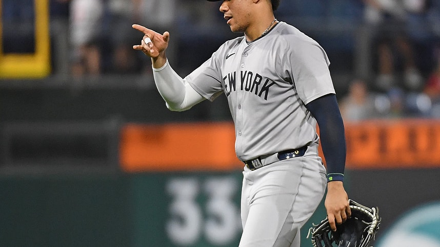 Jul 29, 2024; Philadelphia, Pennsylvania, USA; New York Yankees outfielder Juan Soto (22) celebrates win against the Philadelphia Phillies at Citizens Bank Park. Mandatory Credit: Eric Hartline-Imagn Images