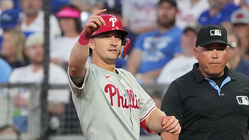 Aug 23, 2024; Kansas City, Missouri, USA; Philadelphia Phillies left fielder Austin Hays (9) celebrates after hitting a single against the Kansas City Royals in the third inning at Kauffman Stadium. Mandatory Credit: Denny Medley-Imagn Images