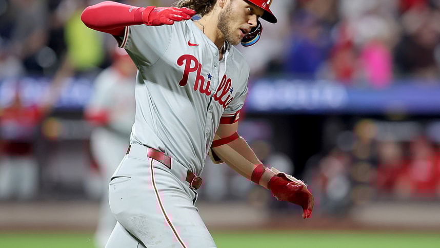 Sep 20, 2024; New York City, New York, USA; Philadelphia Phillies third baseman Alec Bohm (28) rounds the bases after hitting a three run home run against the New York Mets during the fourth inning at Citi Field. Mandatory Credit: Brad Penner-Imagn Images