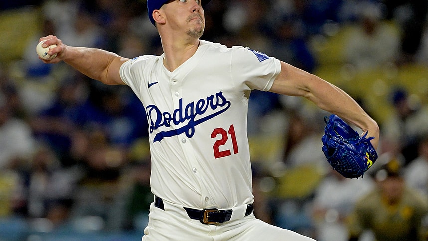 Sep 26, 2024; Los Angeles, California, USA;  Los Angeles Dodgers starting pitcher Walker Buehler (21) delivers to the plate in the first inning against the San Diego Padres at Dodger Stadium. Mandatory Credit: Jayne Kamin-Oncea-Imagn Images