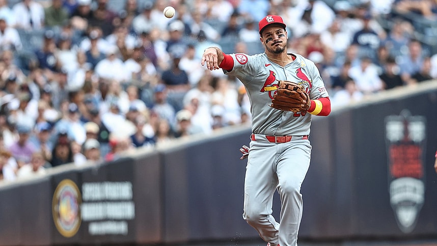 Sep 1, 2024; Bronx, New York, USA; St. Louis Cardinals third baseman Nolan Arenado (28) throws a runner out at first base in the first inning against the New York Yankees at Yankee Stadium. Mandatory Credit: Wendell Cruz-Imagn Images