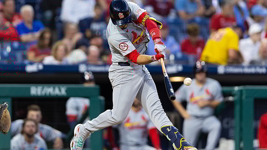 May 31, 2024; Philadelphia, Pennsylvania, USA; St. Louis Cardinals third base Nolan Arenado (28) hits a home run during the seventh inning against the Philadelphia Phillies at Citizens Bank Park. Mandatory Credit: Bill Streicher-Imagn Images, yankees
