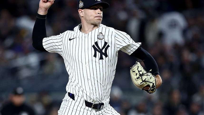 Oct 28, 2024; New York, New York, USA; New York Yankees pitcher Jake Cousins (61) throws during the sixth inning against the Los Angeles Dodgers in game three of the 2024 MLB World Series at Yankee Stadium. Mandatory Credit: Wendell Cruz-Imagn Images