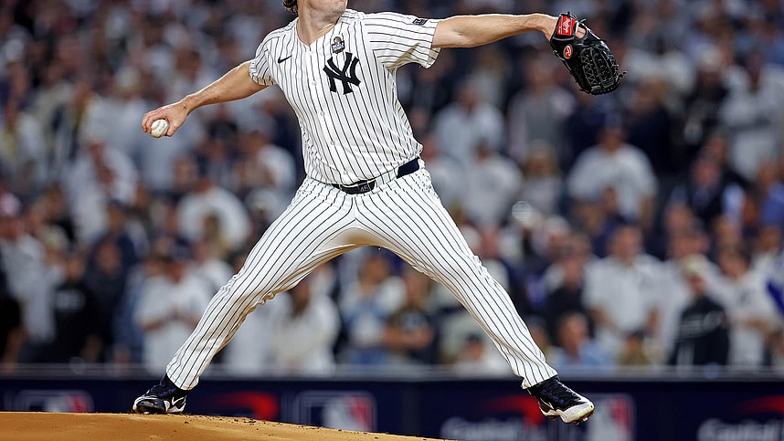 Oct 30, 2024; New York, New York, USA; New York Yankees pitcher Gerrit Cole (45) pitches during the first inning against the Los Angeles Dodgers in game four of the 2024 MLB World Series at Yankee Stadium. Mandatory Credit: Brad Penner-Imagn Images