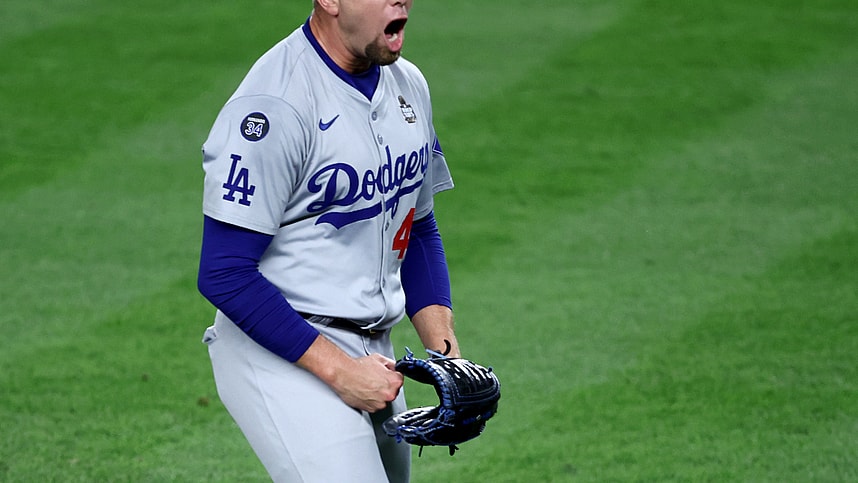 Oct 30, 2024; New York, New York, USA; Los Angeles Dodgers pitcher Blake Treinen (49) celebrates after the end of the eighth inning against the New York Yankees in game five of the 2024 MLB World Series at Yankee Stadium. Mandatory Credit: Wendell Cruz-Imagn Images