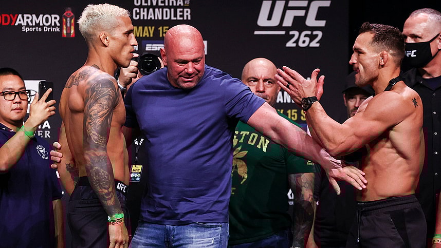 May 14, 2021; Houston, Texas, USA; Charles Oliveira and Dana White and Michael Chandler during weigh ins for UFC 262 at George R Brown Convention Center. Mandatory Credit: Troy Taormina-Imagn Images