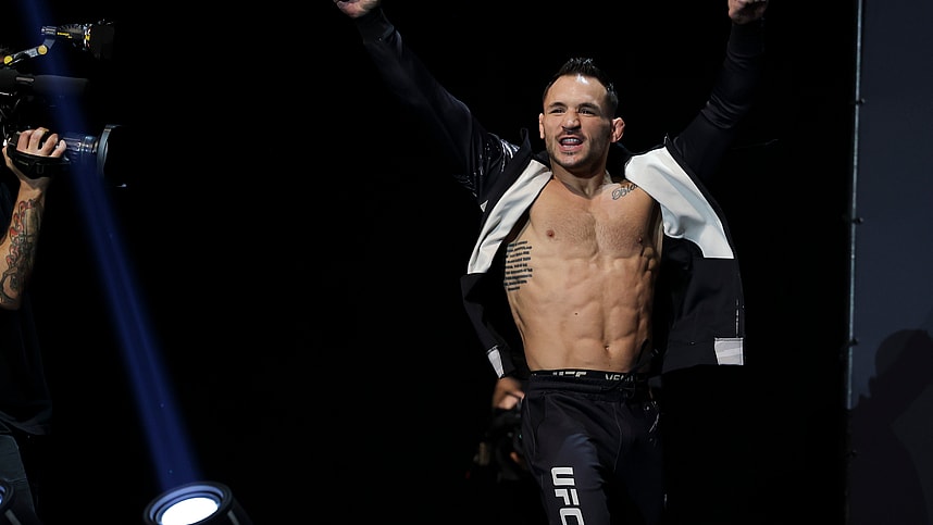Nov 11, 2022; New York, NY, USA; Michael Chandler gestures during weigh-ins for UFC 281. Mandatory Credit: Jessica Alcheh-Imagn Images