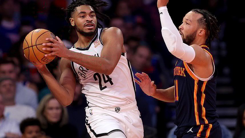 Nov 15, 2024; New York, New York, USA; Brooklyn Nets guard Cam Thomas (24) looks to pass the ball against New York Knicks guard Jalen Brunson (11) during the third quarter at Madison Square Garden. Mandatory Credit: Brad Penner-Imagn Images