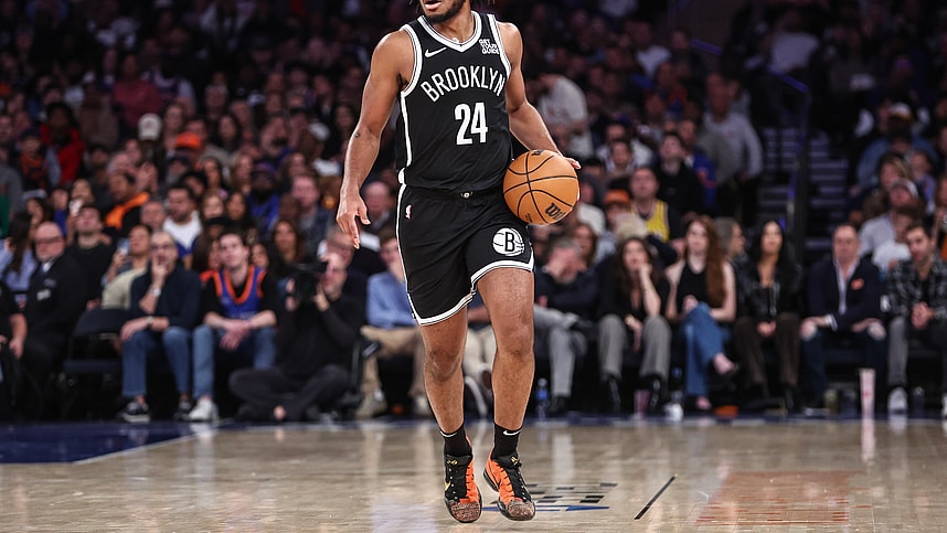 Nov 17, 2024; New York, New York, USA; Brooklyn Nets guard Cam Thomas (24) brings the ball up in the second quarter against the New York Knicks at Madison Square Garden. Mandatory Credit: Wendell Cruz-Imagn Images