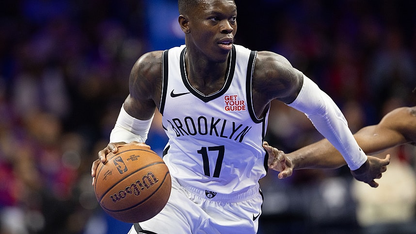 Nov 22, 2024; Philadelphia, Pennsylvania, USA; Brooklyn Nets guard Dennis Schroder (17) dribbles the ball against the Philadelphia 76ers during the first quarter at Wells Fargo Center. Mandatory Credit: Bill Streicher-Imagn Images
