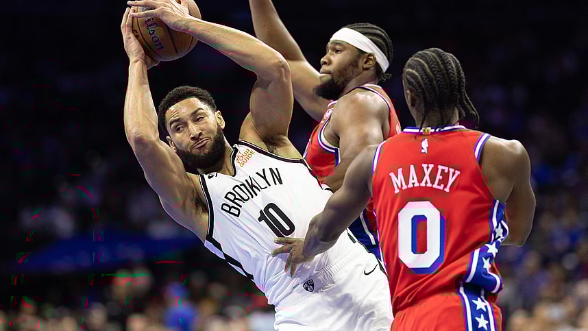 Nov 22, 2024; Philadelphia, Pennsylvania, USA; Brooklyn Nets guard Ben Simmons (10) controls the ball against Philadelphia 76ers guard Tyrese Maxey (0) and forward Guerschon Yabusele (28) during the second quarter at Wells Fargo Center. Mandatory Credit: Bill Streicher-Imagn Images