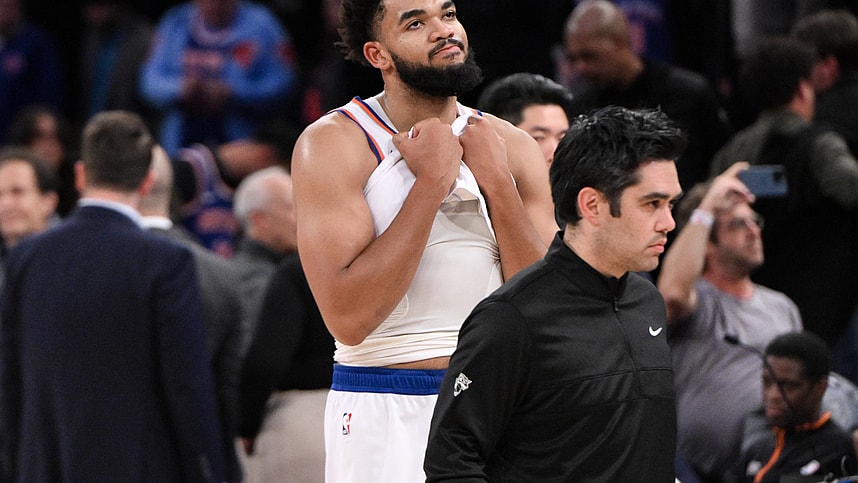 Nov 13, 2024; New York, New York, USA; New York Knicks center Karl-Anthony Towns (32) reacts after a game against the Chicago Bulls at Madison Square Garden. Mandatory Credit: John Jones-Imagn Images