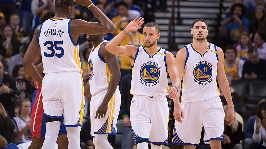January 12, 2017; Oakland, CA, USA; Golden State Warriors forward Kevin Durant (35), guard Stephen Curry (30), and guard Klay Thompson (11) during the second quarter against the Detroit Pistons at Oracle Arena. The Warriors defeated the Pistons 127-107. Mandatory Credit: Kyle Terada-Imagn Images