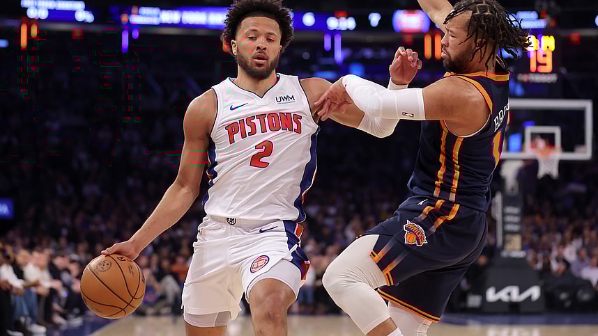 Feb 26, 2024; New York, New York, USA; Detroit Pistons guard Cade Cunningham (2) brings the ball up court against New York Knicks guard Jalen Brunson (11) during the first quarter at Madison Square Garden. Mandatory Credit: Brad Penner-Imagn Images