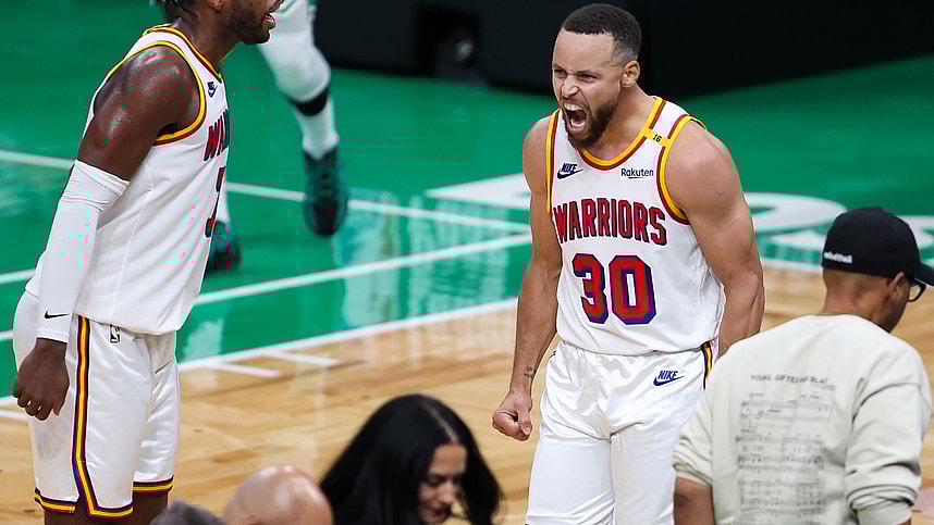 Nov 6, 2024; Boston, Massachusetts, USA; Golden State Warriors guard Stephen Curry (30) reacts during the second half against the Boston Celtics at TD Garden. Mandatory Credit: Paul Rutherford-Imagn Images