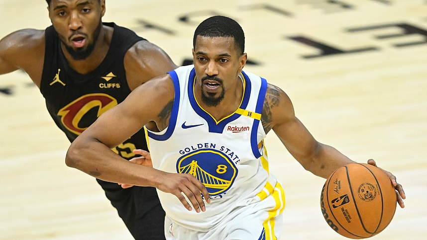 Nov 8, 2024; Cleveland, Ohio, USA; Golden State Warriors guard De'Anthony Melton (8) drives beside Cleveland Cavaliers guard Donovan Mitchell (45) in the fourth quarter at Rocket Mortgage FieldHouse. Mandatory Credit: David Richard-Imagn Images