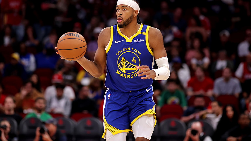 Nov 2, 2024; Houston, Texas, USA; Golden State Warriors guard Moses Moody (4) handles the ball against the Houston Rockets during the first quarter at Toyota Center. Mandatory Credit: Erik Williams-Imagn Images