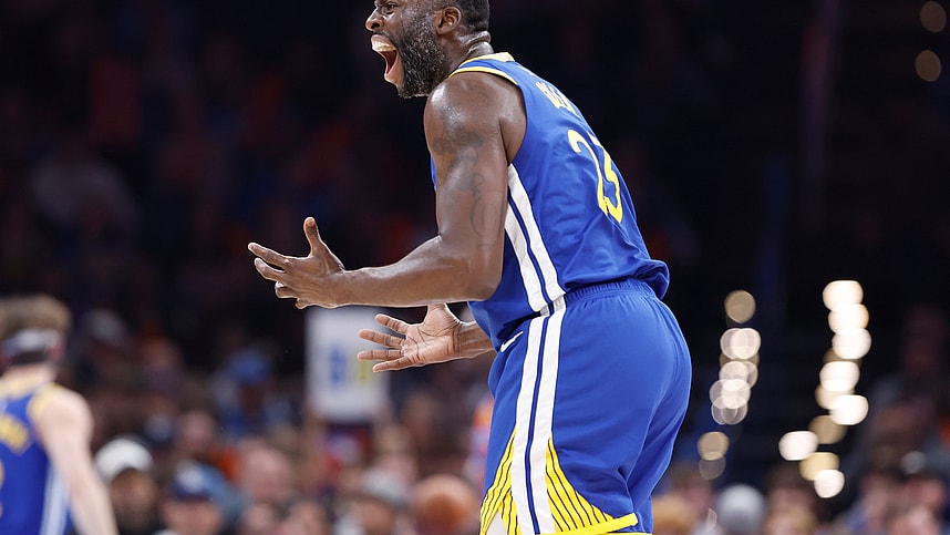 Nov 10, 2024; Oklahoma City, Oklahoma, USA; Golden State Warriors forward Draymond Green (23) reacts to an officials call during the second quarter against the Oklahoma City Thunder at Paycom Center. Mandatory Credit: Alonzo Adams-Imagn Images