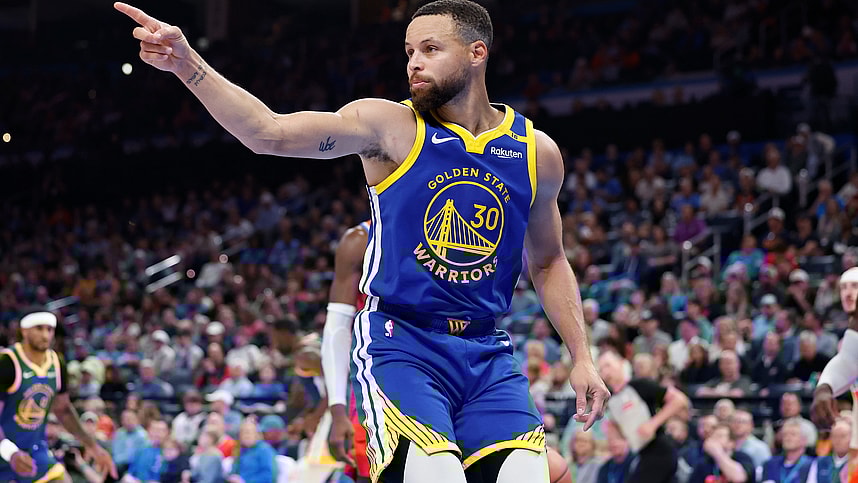 Nov 10, 2024; Oklahoma City, Oklahoma, USA; Golden State Warriors guard Stephen Curry (30) gestures after scoring a basket against the Oklahoma City Thunder during the second half at Paycom Center. Mandatory Credit: Alonzo Adams-Imagn Images