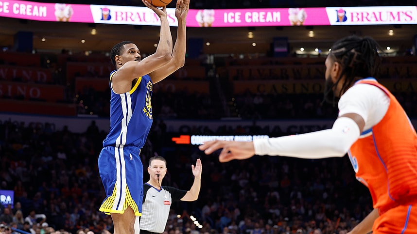 Nov 10, 2024; Oklahoma City, Oklahoma, USA; Golden State Warriors guard De'Anthony Melton (8) shoots a three point basket against the Oklahoma City Thunder during the second half at Paycom Center. Mandatory Credit: Alonzo Adams-Imagn Images