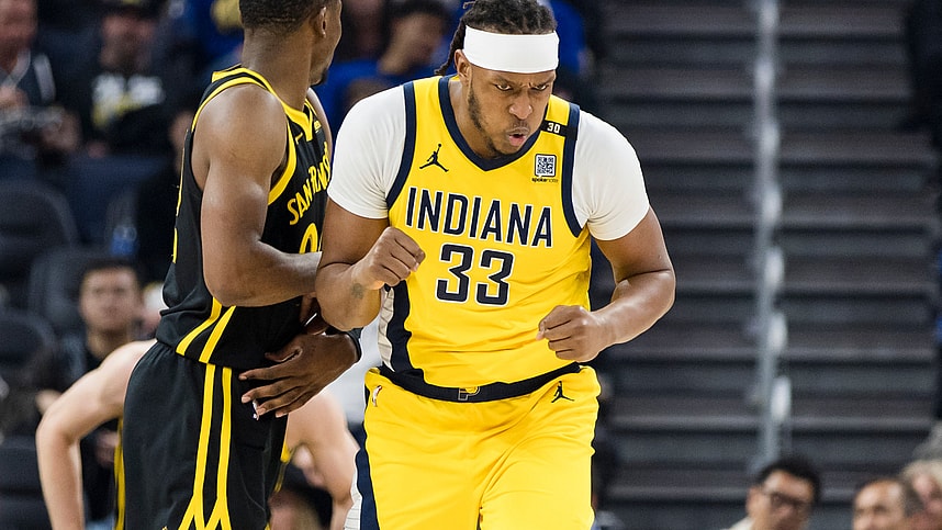 Mar 22, 2024; San Francisco, California, USA; Indiana Pacers center Myles Turner (33) reacts after scoring against the Golden State Warriors during the first half at Chase Center. Mandatory Credit: John Hefti-Imagn Images