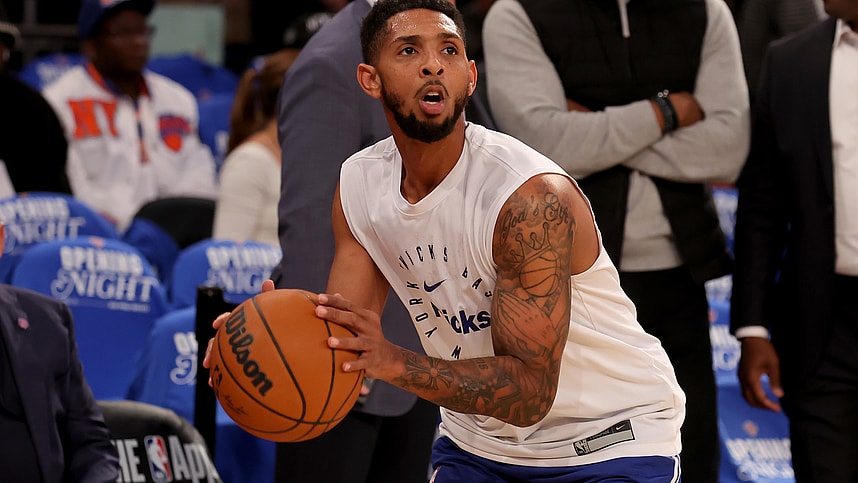 Oct 25, 2024; New York, New York, USA; New York Knicks guard Cameron Payne (1) warms up before a game against the Indiana Pacers at Madison Square Garden. Mandatory Credit: Brad Penner-Imagn Images
